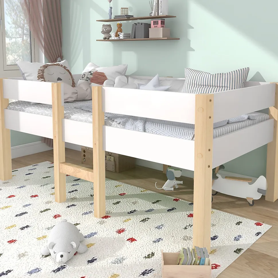 Lit cabane 90x190 cm - Lit enfant mi-hauteur avec protection antichute - Bois massif - Sans Matelas - Blanc