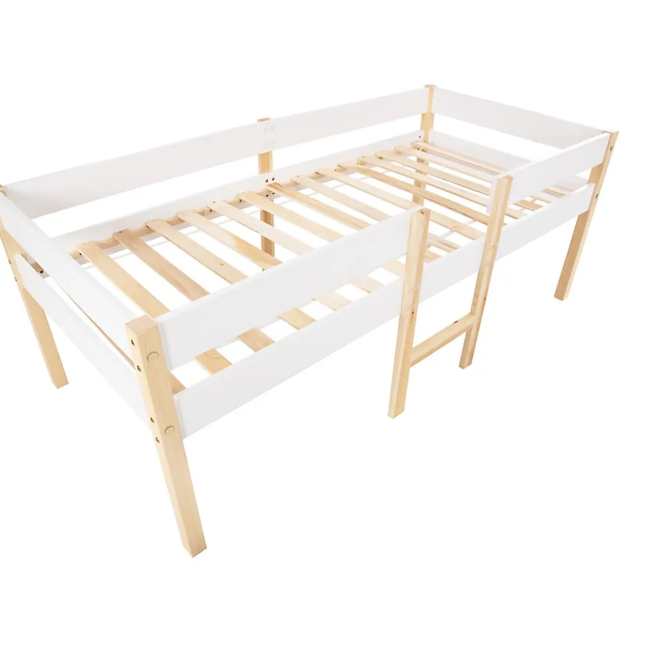 Lit cabane 90x190 cm - Lit enfant mi-hauteur avec protection antichute - Bois massif - Sans Matelas - Blanc