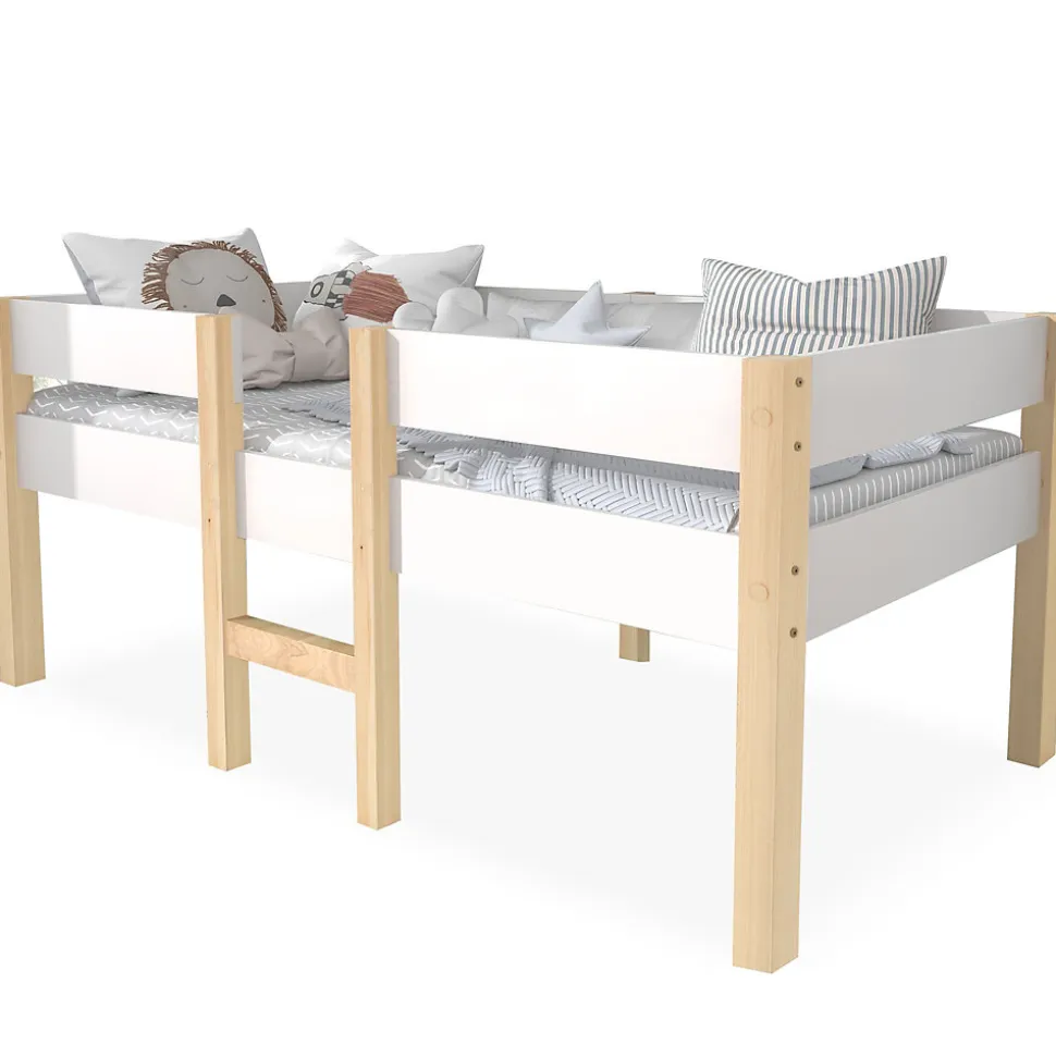 Lit cabane 90x190 cm - Lit enfant mi-hauteur avec protection antichute - Bois massif - Sans Matelas - Blanc