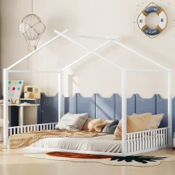 Lit Cabane 140x200 cm - Lit enfant avec Sommier à Lattes - Métal - Sans Matelas - Blanc