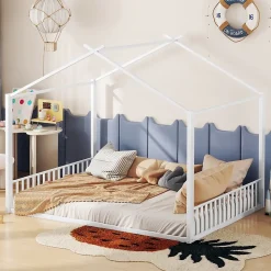 Lit Cabane 140x200 cm - Lit enfant avec Sommier à Lattes - Métal - Sans Matelas - Blanc