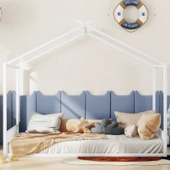 Lit Cabane 140x200 cm - Lit enfant avec Sommier à Lattes - Métal - Sans Matelas - Blanc