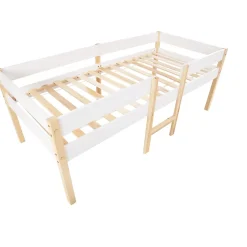 Lit cabane 90x200 cm - Lit enfant mi-hauteur avec protection antichute - Bois massif - Sans Matelas - Blanc