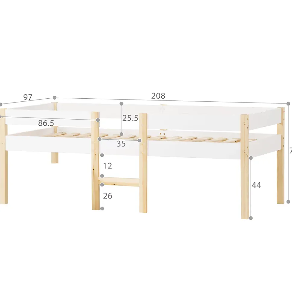 Lit cabane 90x200 cm - Lit enfant mi-hauteur avec protection antichute - Bois massif - Sans Matelas - Blanc
