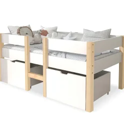 Lit cabane 90x190 cm - Lit mi-hauteur avec protection antichute et 2 tiroirs - Bois massif - Sans Matelas - Blanc