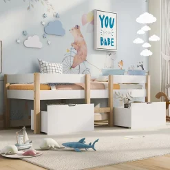 Lit cabane 90x190 cm - Lit mi-hauteur avec protection antichute et 2 tiroirs - Bois massif - Sans Matelas - Blanc