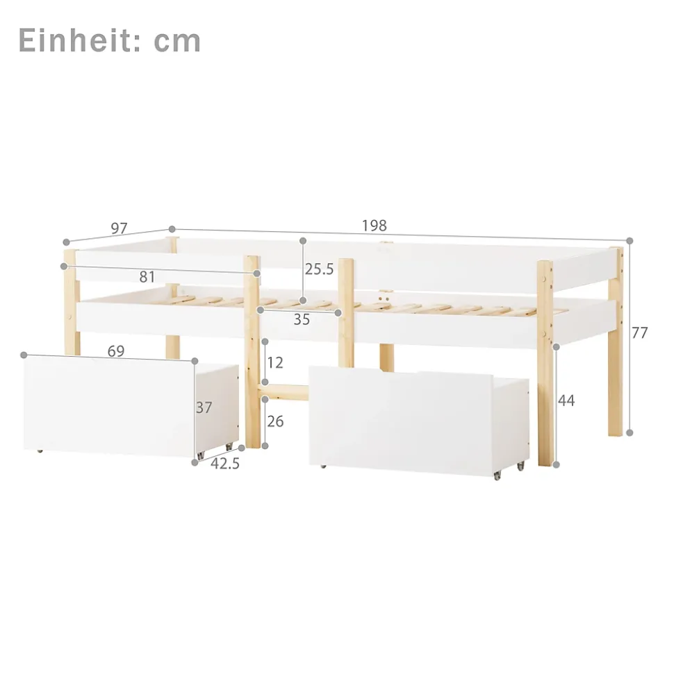 Lit cabane 90x190 cm - Lit mi-hauteur avec protection antichute et 2 tiroirs - Bois massif - Sans Matelas - Blanc