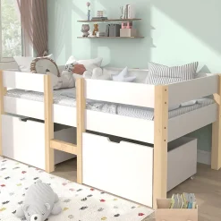 Lit cabane 90x190 cm - Lit mi-hauteur avec protection antichute et 2 tiroirs - Bois massif - Sans Matelas - Blanc