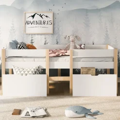 Lit cabane 90x200 cm - Lit mi-hauteur avec protection antichute et 2 tiroirs - Bois massif - Sans Matelas - Blanc