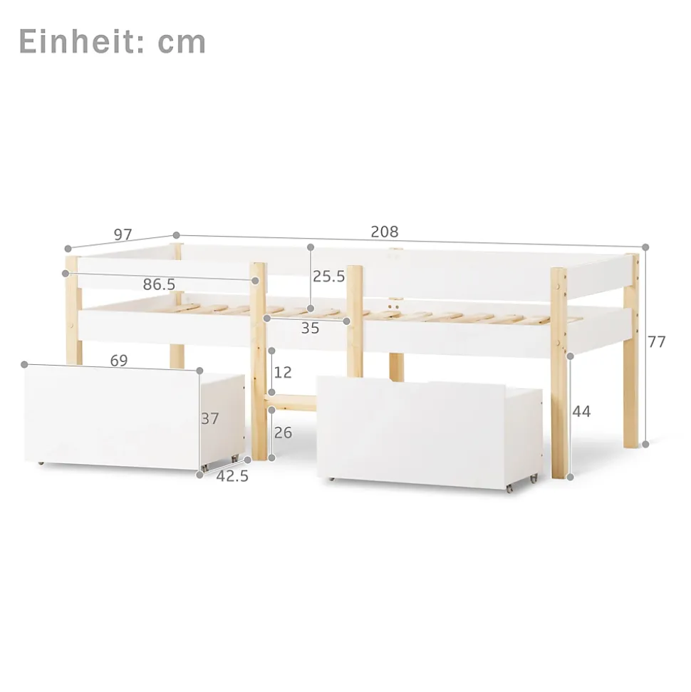 Lit cabane 90x200 cm - Lit mi-hauteur avec protection antichute et 2 tiroirs - Bois massif - Sans Matelas - Blanc