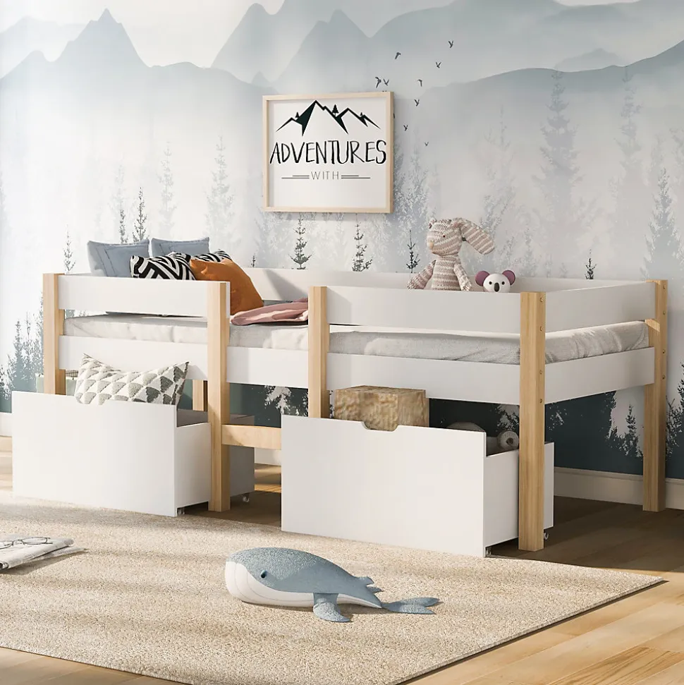 Lit cabane 90x200 cm - Lit mi-hauteur avec protection antichute et 2 tiroirs - Bois massif - Sans Matelas - Blanc