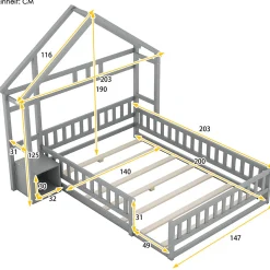 Lit cabane 140x200 cm avec table de chevet, barrières de sécurité, sommier à lattes, cadre en bois, gris
