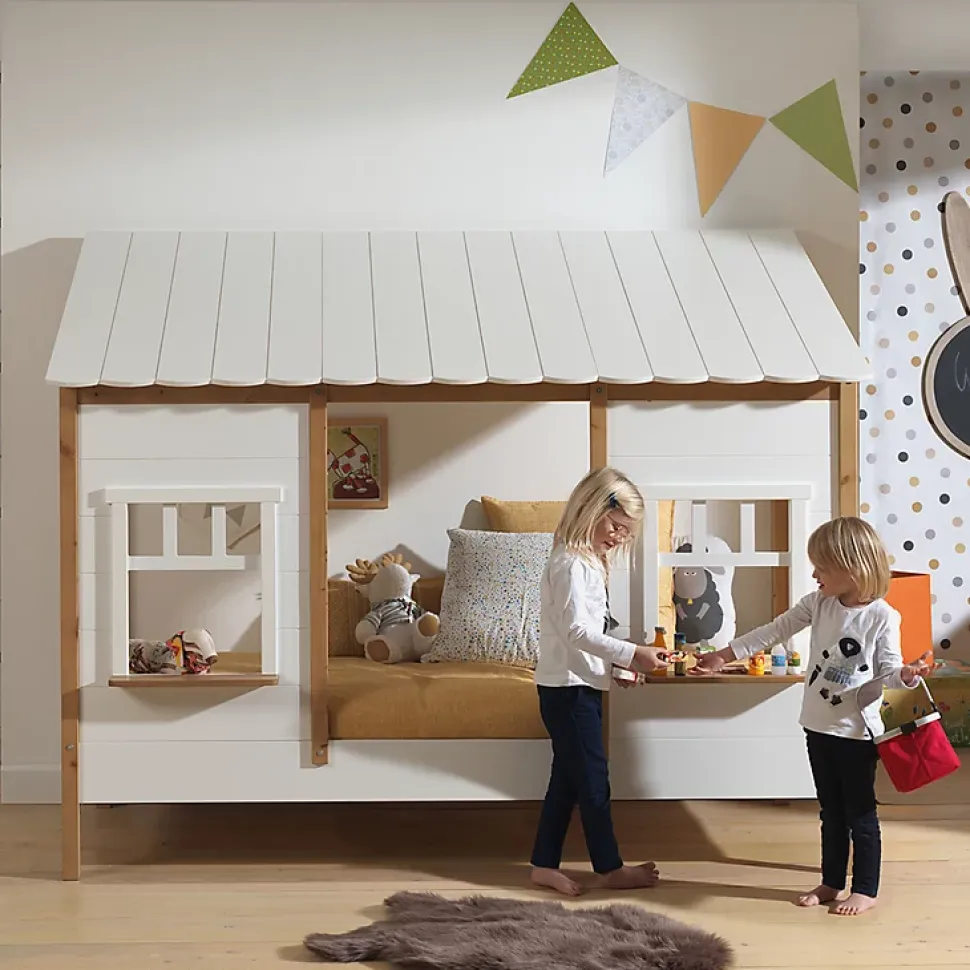 Lit cabane 90x200 sommier inclus Vipack Housebed Blanc et bois