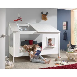 Lit Cabane 90x200 toit semi-ouvert et fenêtre Sommier inclus Vipack HouseBed - Blanc