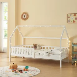Lit cabane Ydre bois de pin 90 x 200 cm blanc en.casa