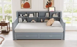 Lit canapé extensible bois massif 90 180 par 190 cm rangement prise deux tiroirs sommier multifonction pin gris 1