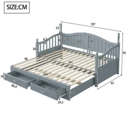 Lit canapé extensible pin 90 190 par 180 190 colonnes dossier accoudoirs tiroirs sommier multifonction gris