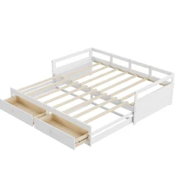 Lit canapé extensible quatre vingt dix cent quatre vingt par deux cents bois de pin avec tiroirs sommier rangement blanc