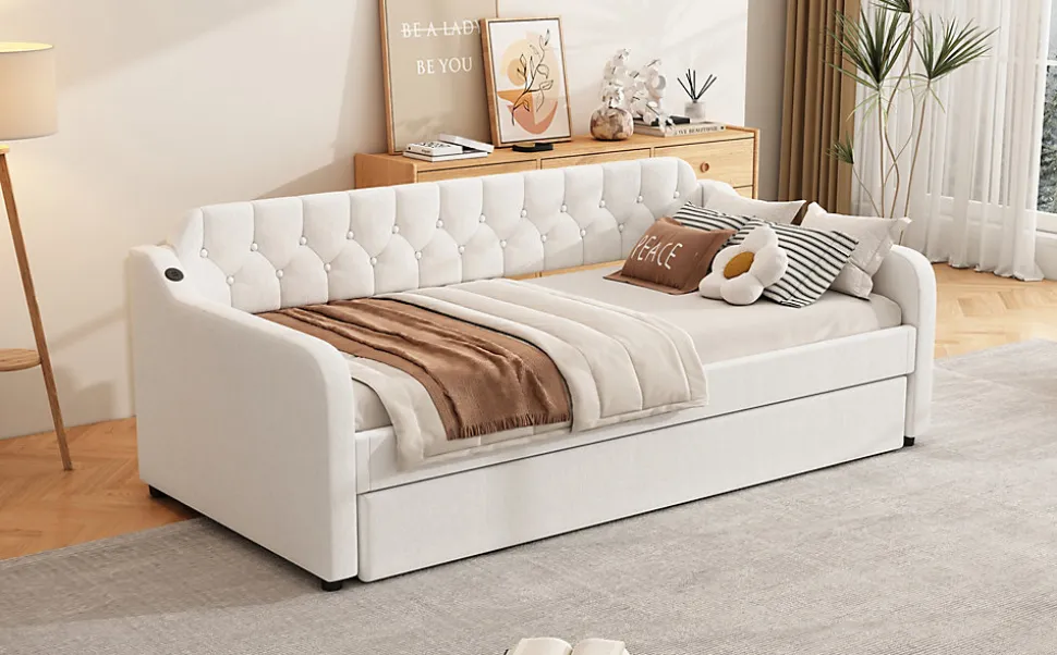 Lit Canapé 90x200cm, Avec Lit Escamotable, USB, Beige