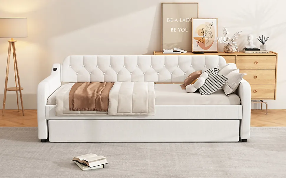 Lit Canapé 90x200cm, Avec Lit Escamotable, USB, Beige