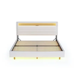 Lit capitonné 140 sur 200 cm avec port USB lumière LED tête de lit réversible tissu en lin beige pour adulte