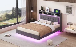 Lit capitonné 140 sur 200 cm avec port USB lumière LED tête de lit modulable pieds cachés tissu en lin gris
