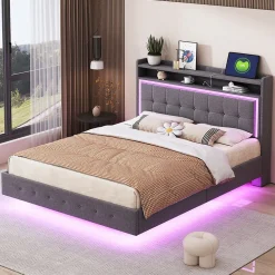Lit capitonné 140 sur 200 cm avec port USB lumière LED tête de lit modulable pieds cachés tissu en lin gris