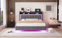 Lit capitonné 140 sur 200 cm avec port USB lumière LED tête de lit modulable pieds cachés tissu en lin gris