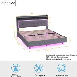Lit capitonné 140 sur 200 cm avec port USB lumière LED tête de lit modulable pieds cachés tissu en lin gris