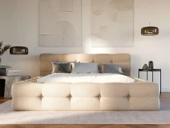 Lit capitonné 160 x 200 cm - Tissu chiné - Beige - LERUCO