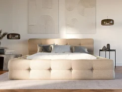 Lit capitonné 140 x 190 cm - Tissu chiné - Beige + Sommier + Matelas - LERUCO
