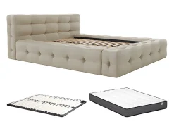 Lit capitonné 140 x 190 cm - Tissu chiné - Beige + Sommier + Matelas - LERUCO