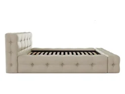 Lit capitonné 140 x 190 cm - Tissu chiné - Beige + Sommier + Matelas - LERUCO