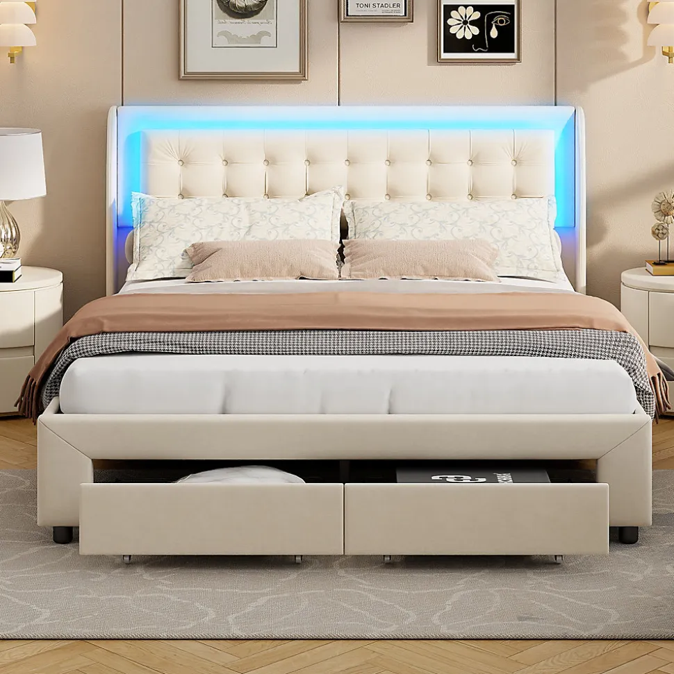 Lit capitonné, 180 x 200 cm, avec éclairage LED, espace de rangement et sommier à lattes, en cuir synthétique,sans matelas