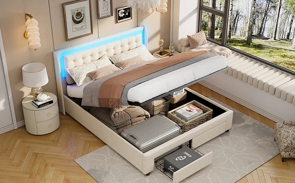 Lit capitonné, 180 x 200 cm, avec éclairage LED, espace de rangement et sommier à lattes, en cuir synthétique,sans matelas