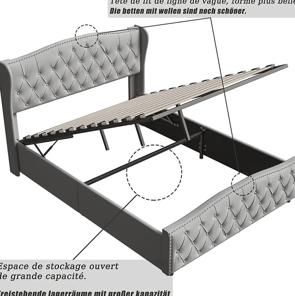 Lit Capitonné, 140 X 200 Cm, Avec Sommier à Lattes Et Rangement, Hydraulique Double, Velours