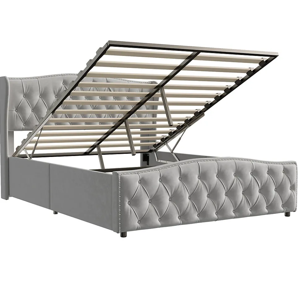 Lit Capitonné, 140 X 200 Cm, Avec Sommier à Lattes Et Rangement, Hydraulique Double, Velours