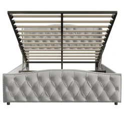 Lit Capitonné, 140 X 200 Cm, Avec Sommier à Lattes Et Rangement, Hydraulique Double, Velours