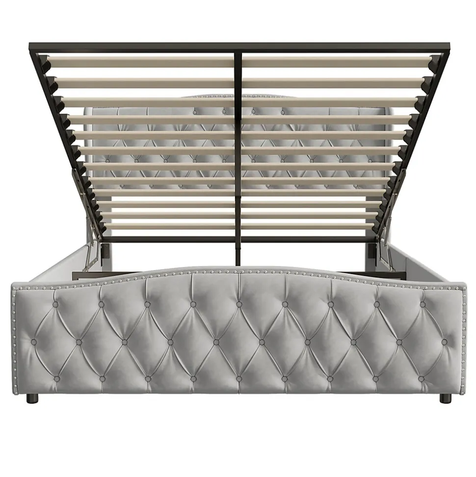 Lit Capitonné, 140 X 200 Cm, Avec Sommier à Lattes Et Rangement, Hydraulique Double, Velours