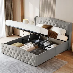 Lit Capitonné, 140 X 200 Cm, Avec Sommier à Lattes Et Rangement, Hydraulique Double, Velours