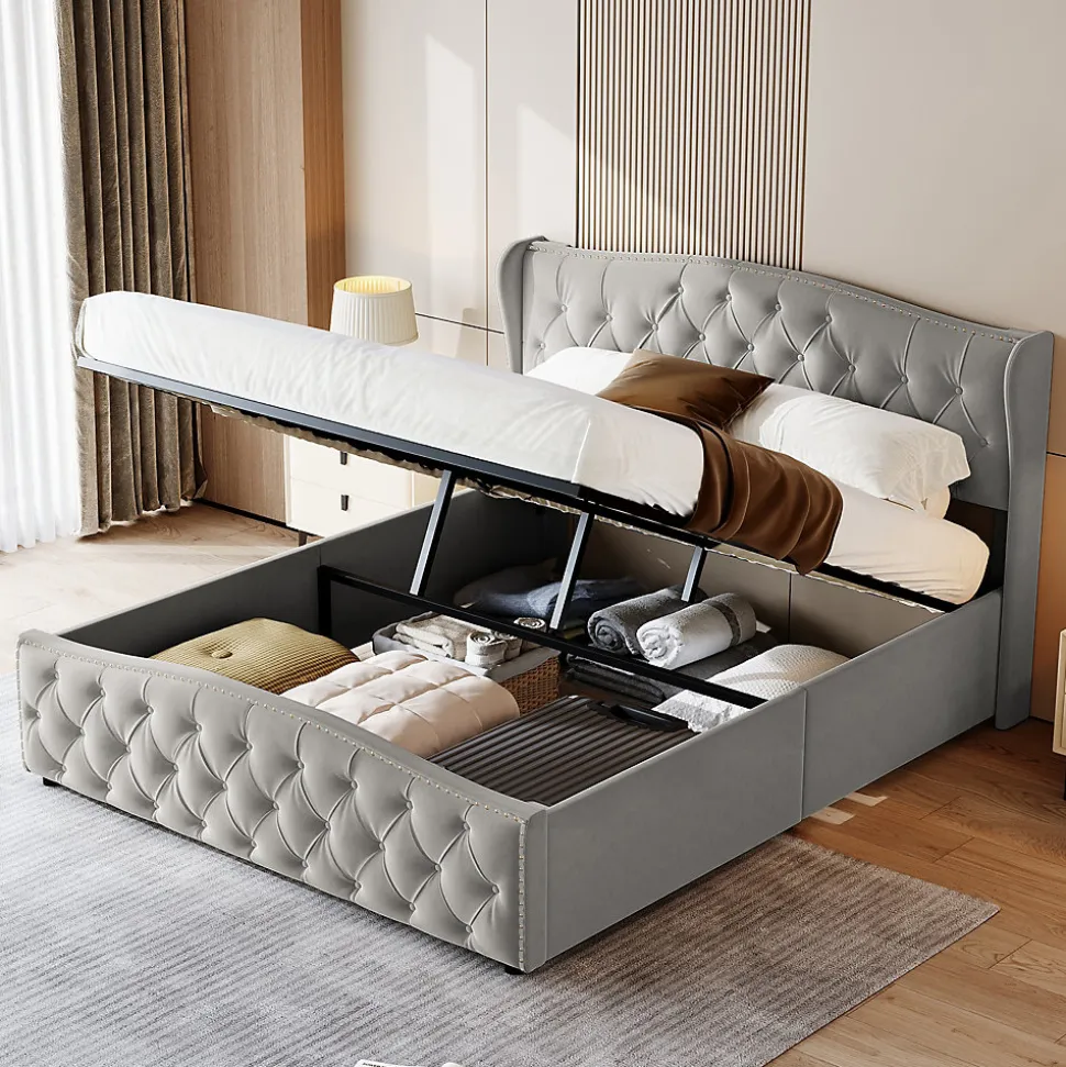 Lit Capitonné, 140 X 200 Cm, Avec Sommier à Lattes Et Rangement, Hydraulique Double, Velours