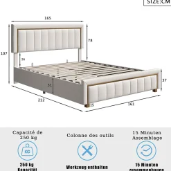 Lit capitonné, 160 x 200 cm, avec tête de lit et espace de rangement, en velours beige