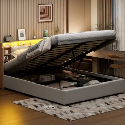 Lit capitonné, 160 x 200 cm, avec fonction de charge USB de type C, éclairage LED et 4 tiroirs, sommier à lattes en bois