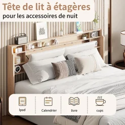 Lit capitonné, 160 x 200 cm, avec fonction de charge USB de type C, éclairage LED et 4 tiroirs, sommier à lattes en bois