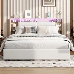 Lit capitonné, 160 x 200 cm, avec fonction de charge USB de type C, éclairage LED et 4 tiroirs, sommier à lattes en bois