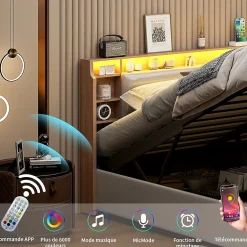 Lit capitonné, 160 x 200 cm, avec fonction de charge USB de type C, éclairage LED et 4 tiroirs, sommier à lattes en bois