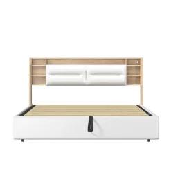 Lit capitonné, 160 x 200 cm, avec fonction de charge USB de type C, éclairage LED et 4 tiroirs, sommier à lattes en bois