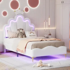 Lit Capitonné 90 X 200 Cm,en Forme De Couronne,en Cuir Pu,lit LED Avec Sommier à Lattes,blanc