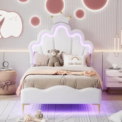 Lit Capitonné 90 X 200 Cm,en Forme De Couronne,en Cuir Pu,lit LED Avec Sommier à Lattes,blanc