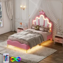 Lit Capitonné 90 X 200 Cm,en Forme De Couronne,en Cuir Pu,lit LED Avec Sommier à Lattes,rose